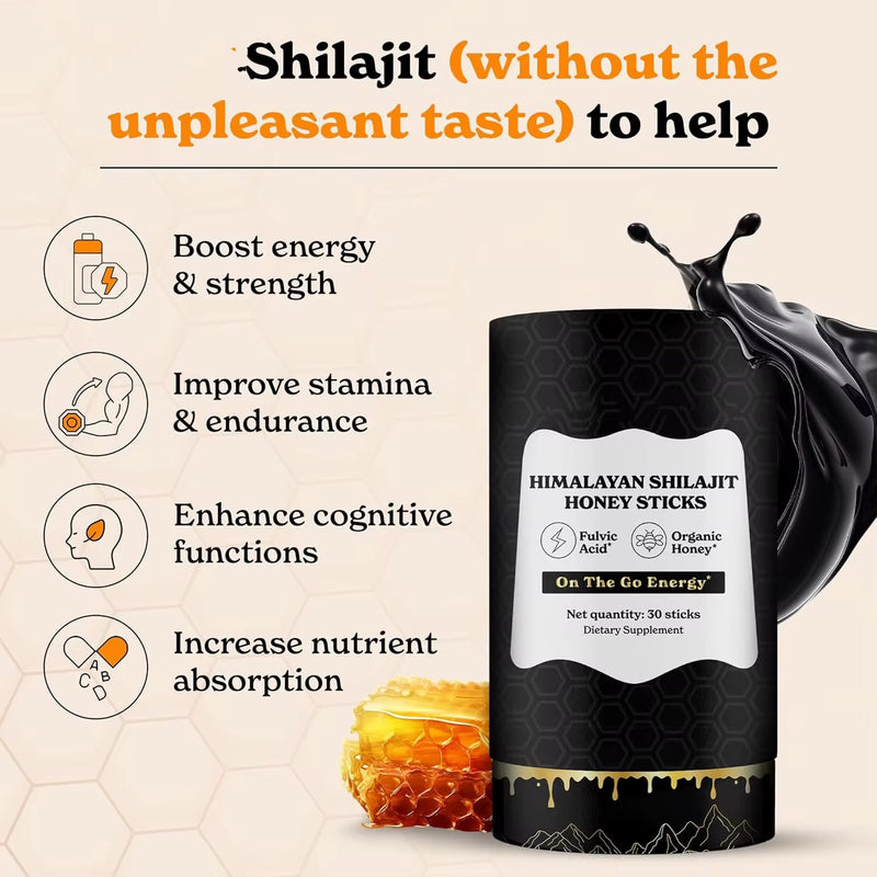 Pure Himalayan Shilajit Honey Sticks with Saffron (30 sachets, Liquid form) | Dietary Supplement for Energy, Stamina, Endurance, Cognitive Function, Skin, and Bone Health