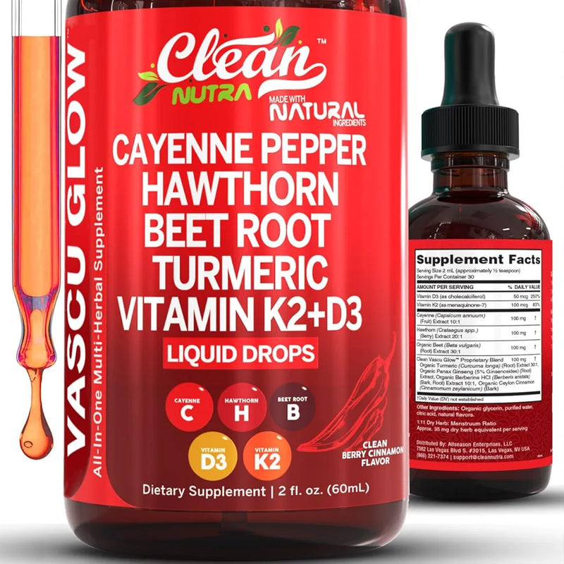 CLEAN NUTRA Cayenne Pepper Drops with Hawthorn, Vitamin D3+K2, Beet Root, Ceylon Cinnamon, and Turmeric