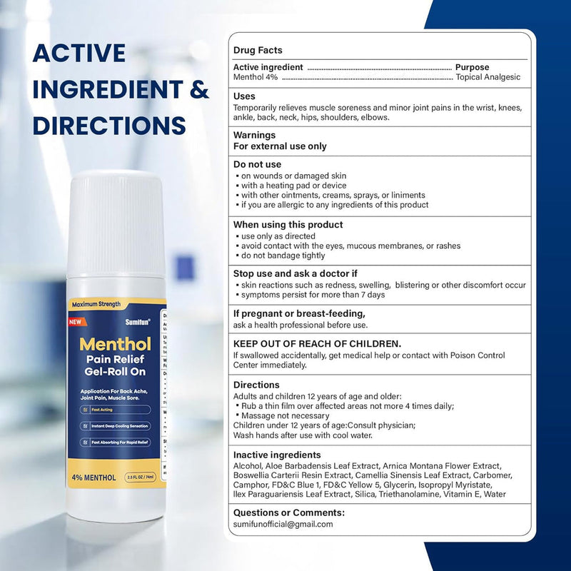 Menthol Pain Relief Gel-Roll On (4% Menthol, 74ml) | Topical Gel for Nerve, Muscle, Neck, Shoulder, Knee, and Back Pain Relief