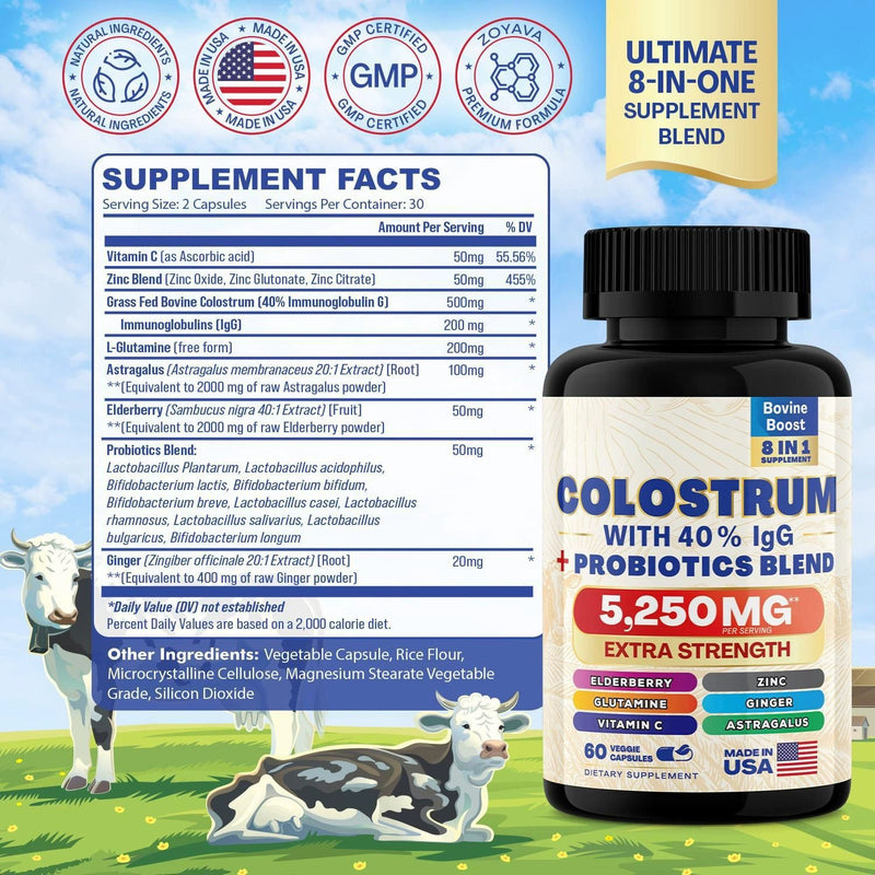 Grass-fed Bovine Colostrum Capsule with 40% Immunoglobulins G, L-Glutamine, Astragalus, Elderberry, and Probiotics (5250mg) | Dietary Supplement for Immunity, Energy, Digestion, and Mood