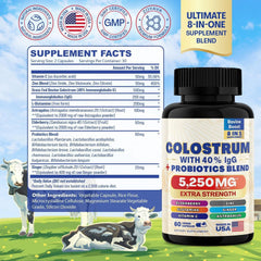 Grass-fed Bovine Colostrum Capsule with 40% Immunoglobulins G, L-Glutamine, Astragalus, Elderberry, and Probiotics (5250mg) | Dietary Supplement for Immunity, Energy, Digestion, and Mood