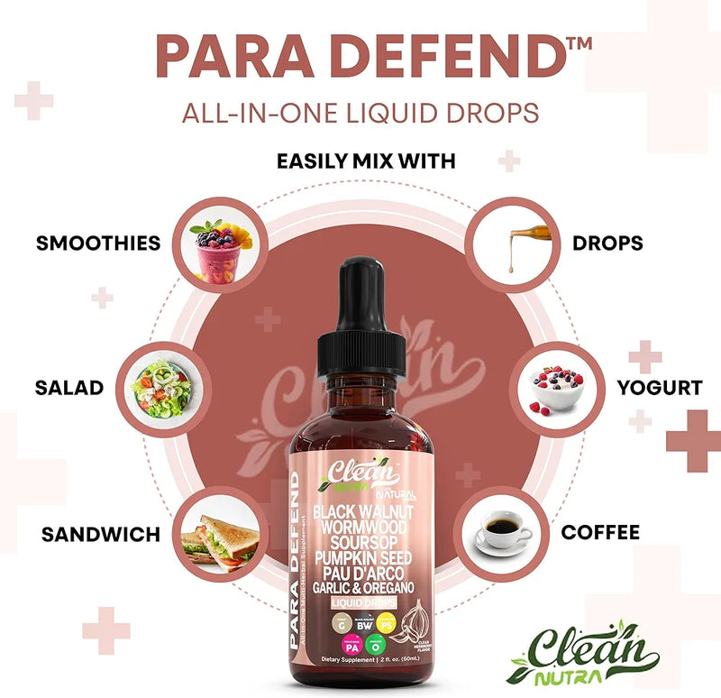 CLEAN NUTRA Black Walnut Drops with Wormwood, Soursop, Pumpkin Seed, Pau D'Arco, and Para Defend Blend