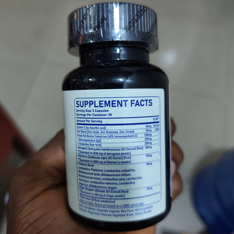Grass-fed Bovine Colostrum Capsule with 40% Immunoglobulins G, L-Glutamine, Astragalus, Elderberry, and Probiotics (5250mg) | Dietary Supplement for Immunity, Energy, Digestion, and Mood