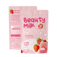 Beauty Milk Premium Japanese Strawberry Glutathione Drink (10×18g sachets, 50000mg) | Instant Powdered Milk Tea for Beauty and Wellness