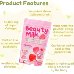 Beauty Milk Premium Japanese Strawberry Glutathione Drink (10×18g sachets, 50000mg) | Instant Powdered Milk Tea for Beauty and Wellness