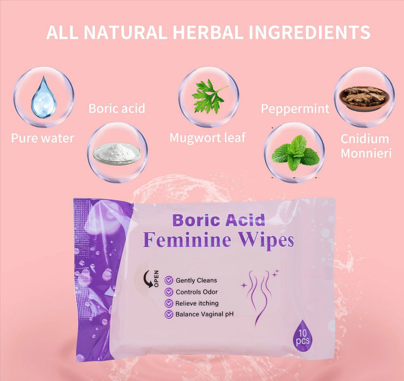 Boric Acid Feminine Wipes (10 pieces) | Yoni Wipes for Vaginal Odor, Itching, pH Balance