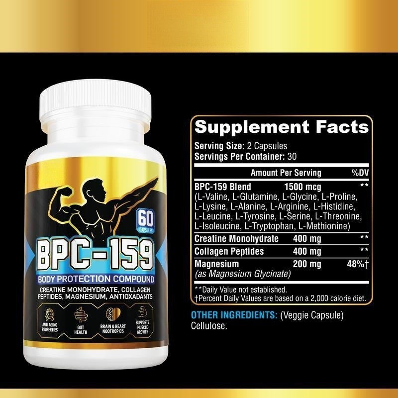 BPC-159 Capsules with Creatine Monohydrate, Collagen and Magnesium Glycinate (1500mcg BPC-159 blend, 400mg creatine monohydrate, 400mg collagen peptides)