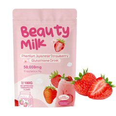 Beauty Milk Premium Japanese Strawberry Glutathione Drink (10×18g sachets, 50000mg) | Instant Powdered Milk Tea for Beauty and Wellness
