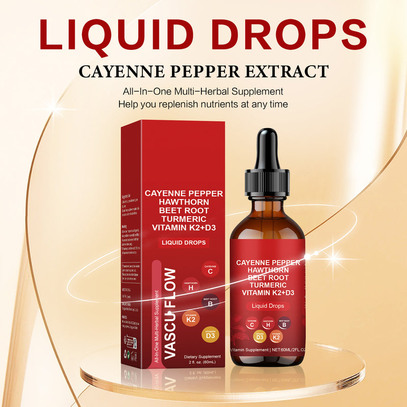VASCU FLOW Cayenne Pepper Liquid Drops with Hawthorn, Beet Root, Turmeric, and Vitamins K2 & D3 (60ml)