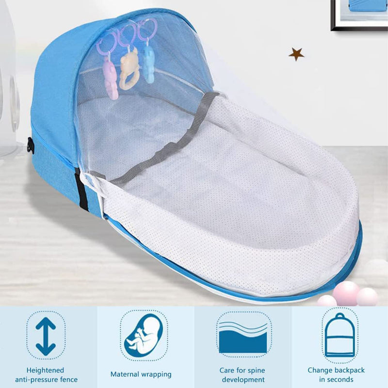 Portable and Foldable Baby Travel Bed with Mosquito Net and Toys (0-12 months, Grey) | Baby Crib and Storage Bag