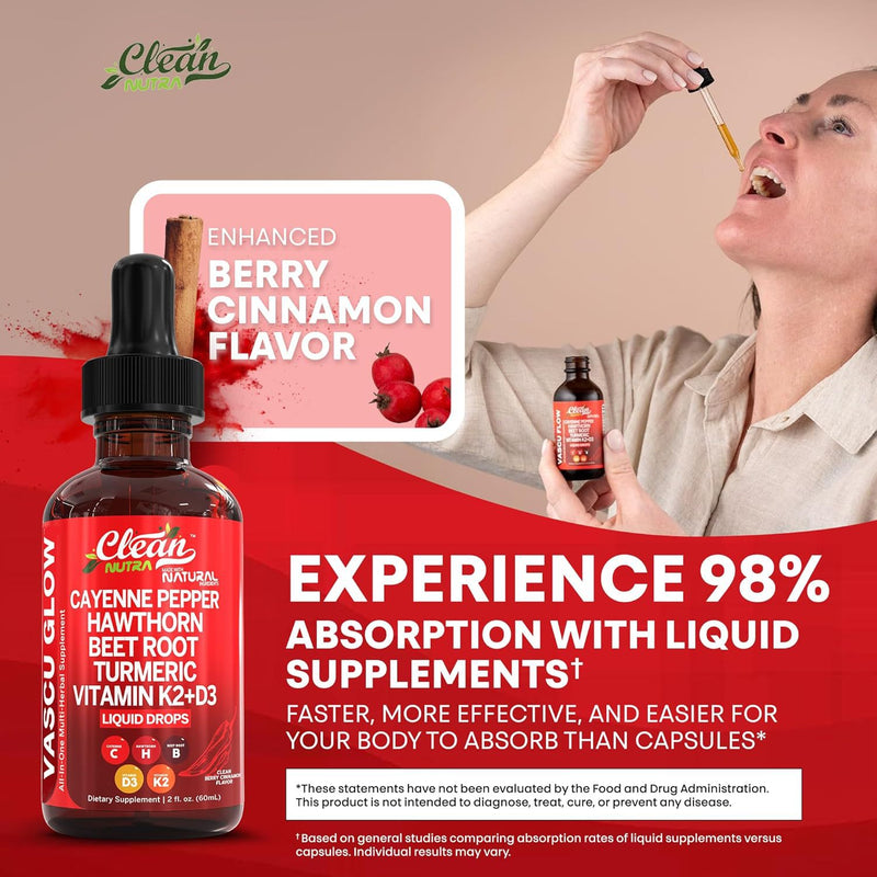 CLEAN NUTRA Cayenne Pepper Drops with Hawthorn, Vitamin D3+K2, Beet Root, Ceylon Cinnamon, and Turmeric
