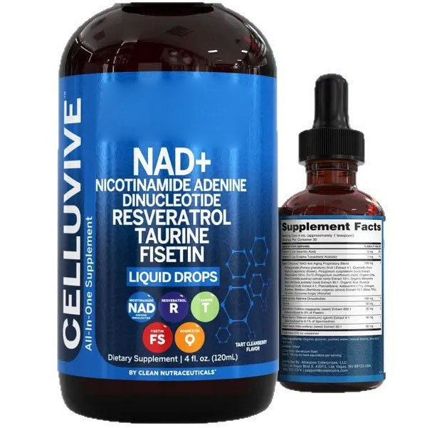 CELLUVIVE NAD+ Liquid Drops with Resveratrol, Taurine, Fisetin and Grape Seed (120ml, 30 servings) | Dietary Supplement for Healthy Aging, Cellular Energy, and Hydration Balance