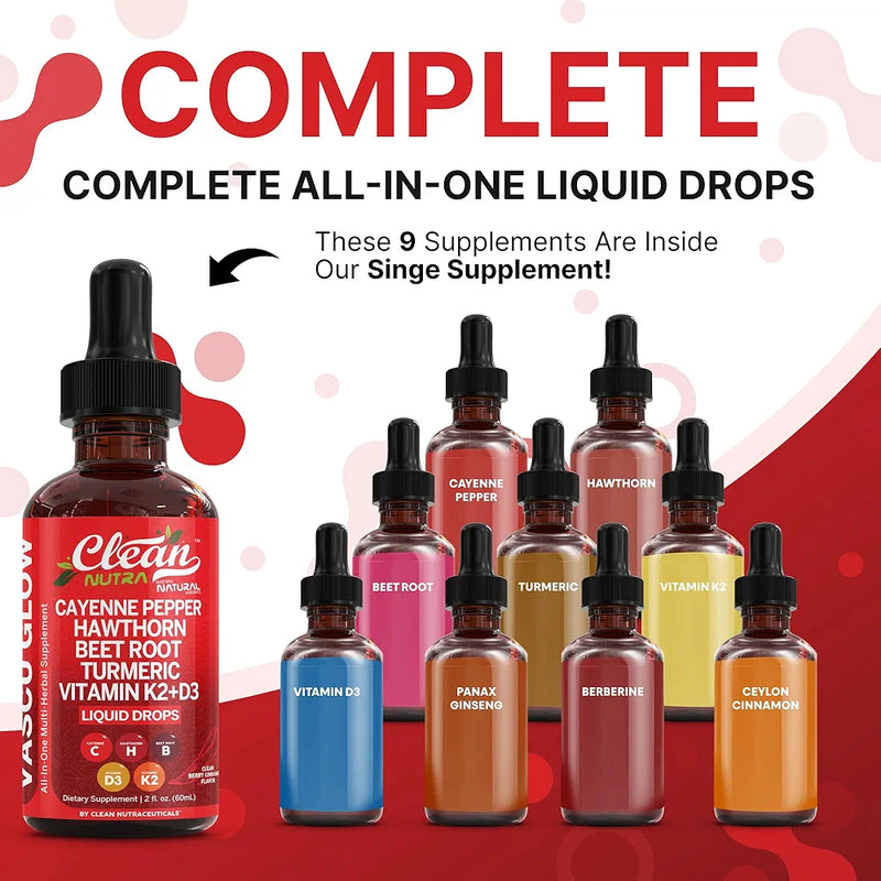CLEAN NUTRA Cayenne Pepper Drops with Hawthorn, Vitamin D3+K2, Beet Root, Ceylon Cinnamon, and Turmeric