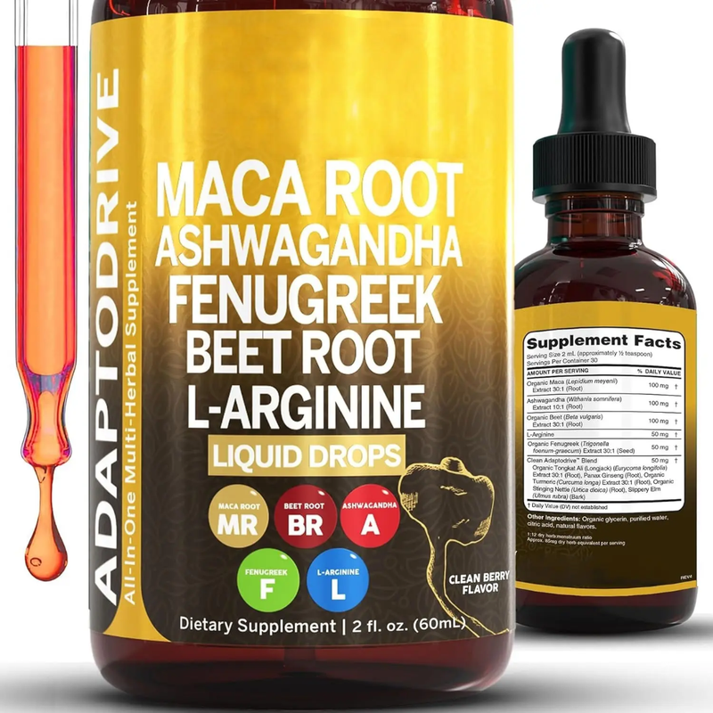 ADAPTODRIVE Maca Root Liquid Drops with Ashwagandha, Fenugreek, Beet Root, and L-Arginine (60ml)