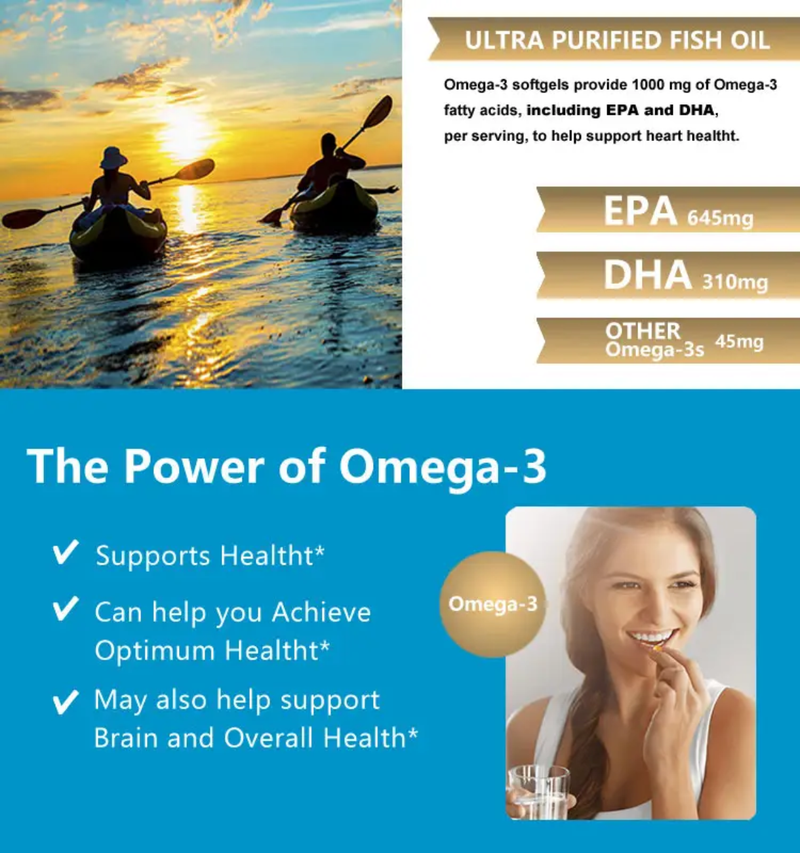 Omega-3 Fish Oil Capsules with EPA and DHA (100 softgels, 1000mg) | Dietary Supplement for Cardiovascular, Brain, Eye, Skin, Mood, and Inflammation