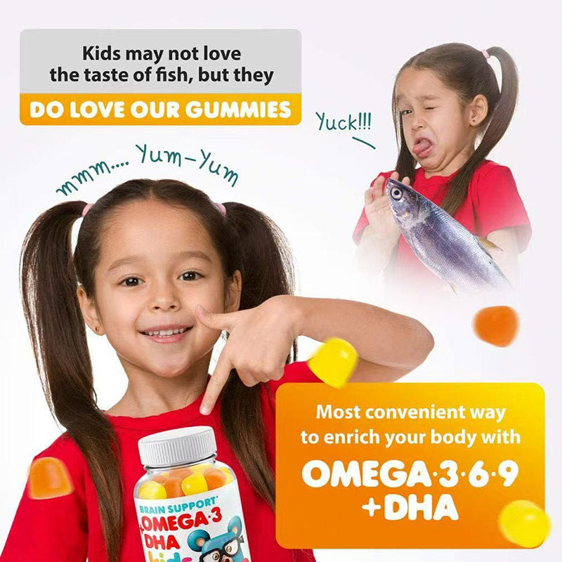Brain Support Omega-3 + DHA Gummies for Kids with Omega-6, Omega-9, and Vitamin C (2+ years) | Dietary Supplement for Brain Development and Heart Health