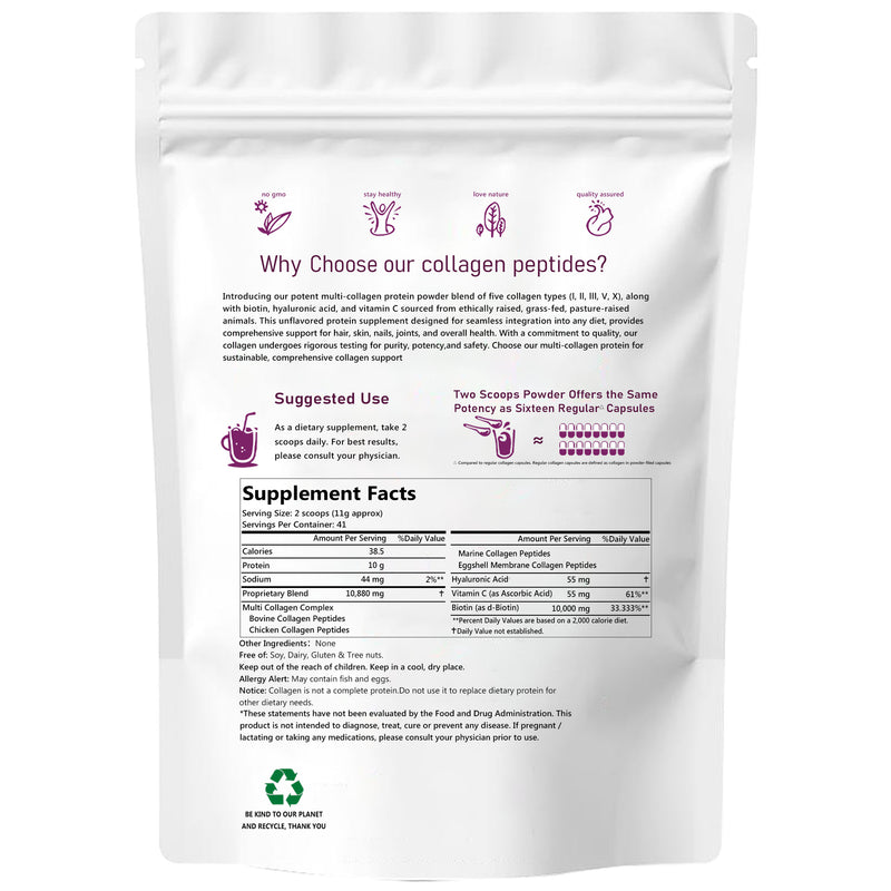 Multi-Collagen Peptides Powder (Type I, II, III, V, X) with Biotin, Vitamin C, and Hyaluronic Acid (454g size, 10880mg Collagen)