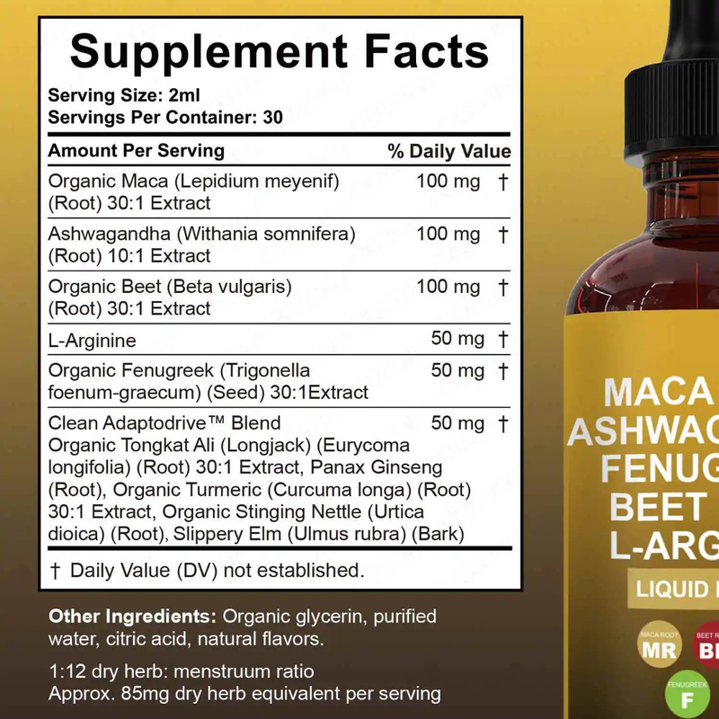 ADAPTODRIVE Maca Root Liquid Drops with Ashwagandha, Fenugreek, Beet Root, and L-Arginine (60ml)