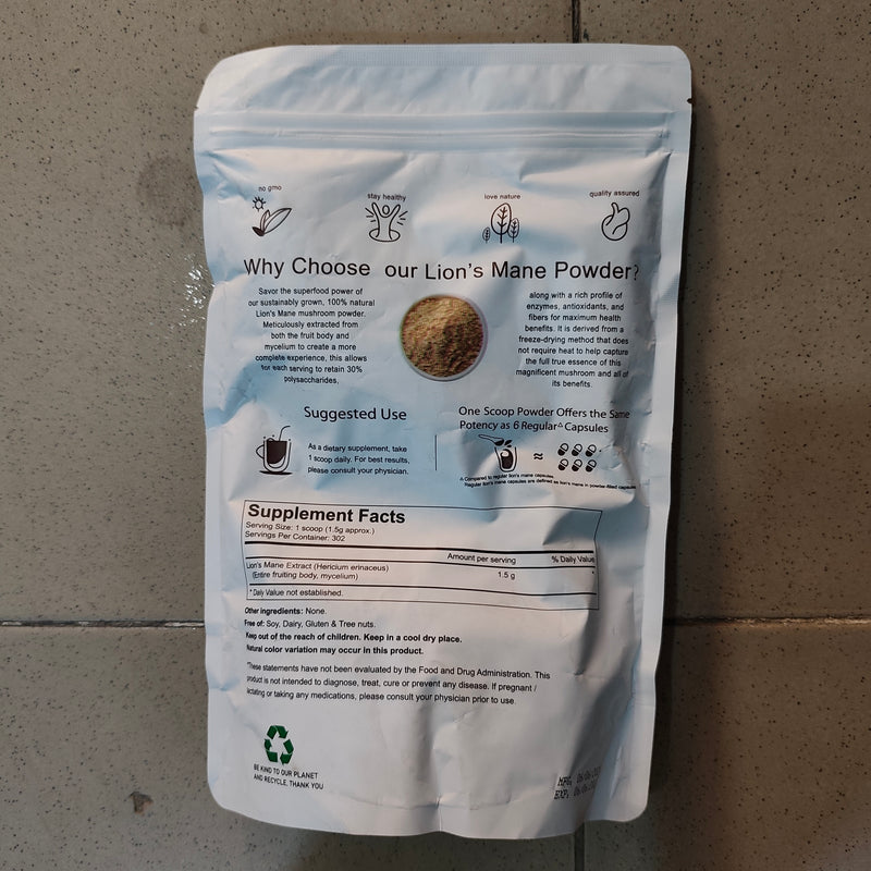 Lion’s Mane Powder (454g size, 1.5g Lion’s mane extract) | Dietary Supplement for Brain, Memory, Focus, Nerve, and Cognition