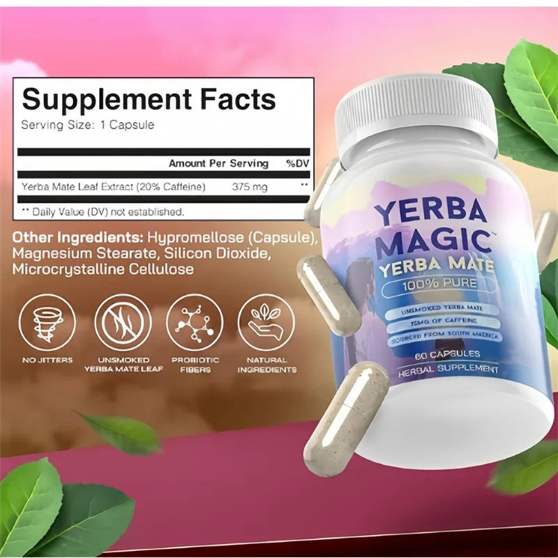 Yerma Magic Capsules with Yerba Mate (375mg) and Caffeine (75mg) | Dietary Supplement for Mental Focus, Fatigue, Digestion, and Mood