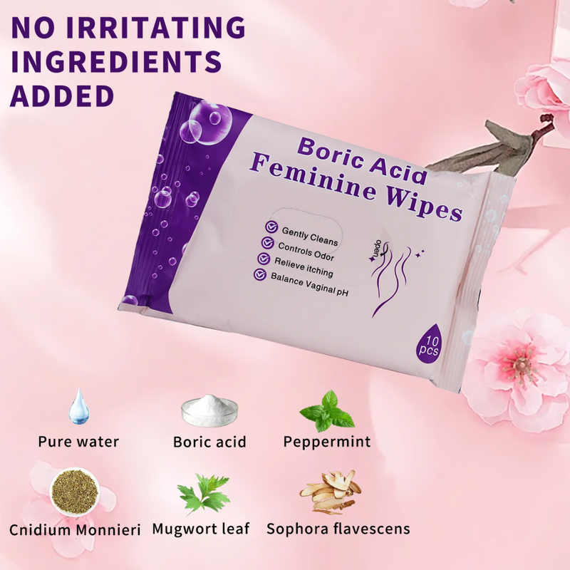 Boric Acid Feminine Wipes (10 pieces) | Yoni Wipes for Vaginal Odor, Itching, pH Balance