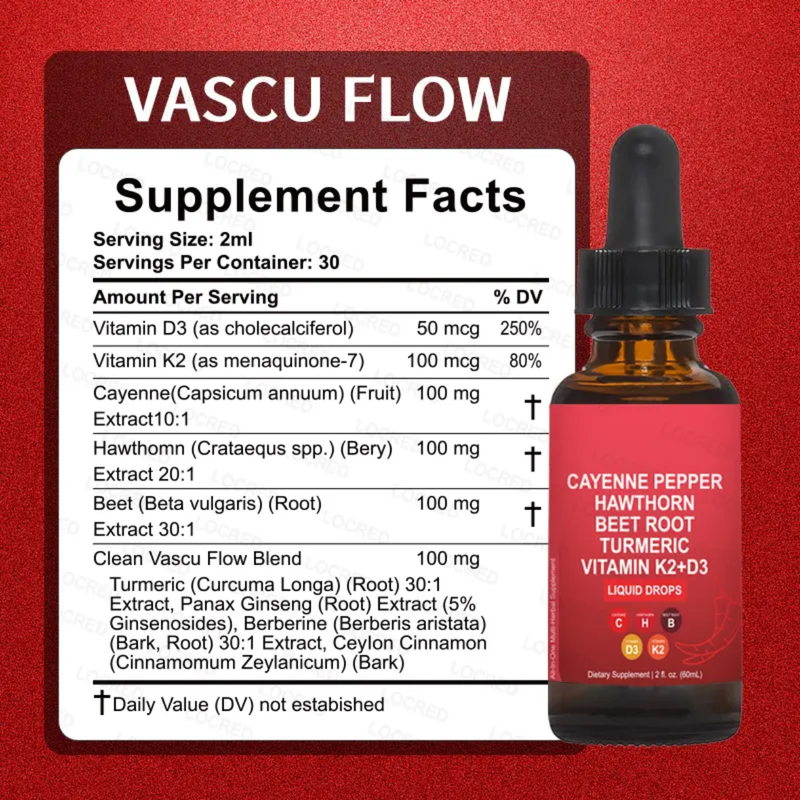VASCU FLOW Cayenne Pepper Liquid Drops with Hawthorn, Beet Root, Turmeric, and Vitamins K2 & D3 (60ml)