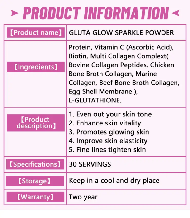 Gluta Glow Sparkle Powder with Multi-Collagen, L-Glutathione, and Vitamin C (300 grams, 30 servings)