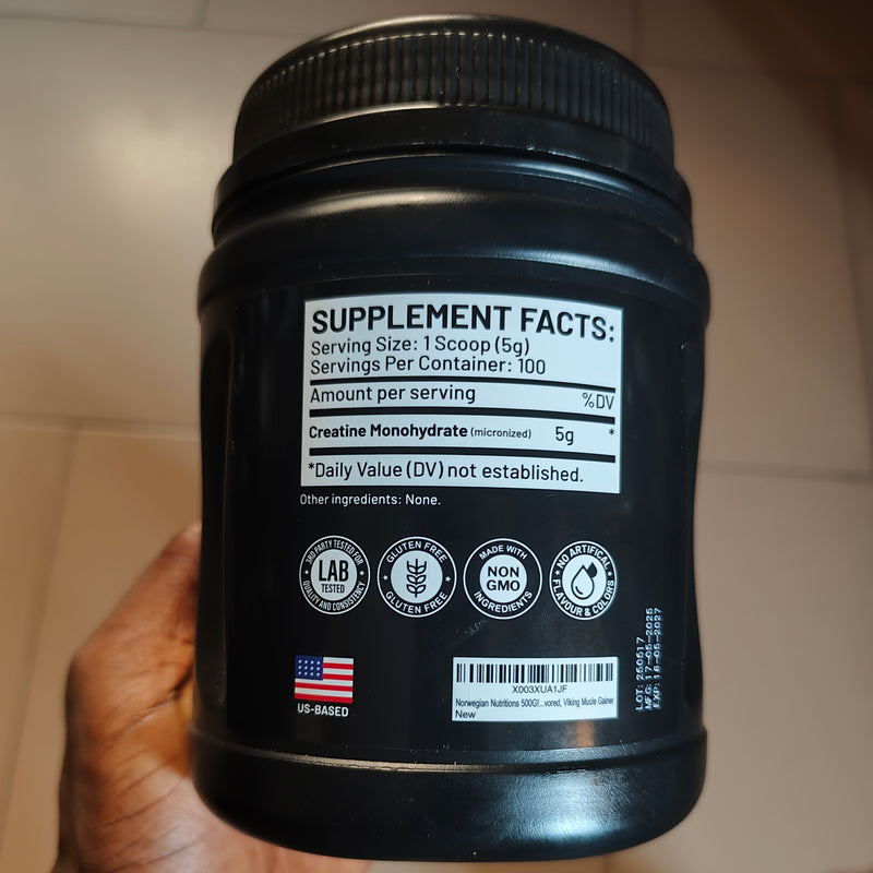 NORWEGIAN NUTRITION Creatine Monohydrate Powder (500g size, 5g Creatine, 100 servings, Unflavored) | Dietary Supplement for Strength, Performance, Muscle Recovery, and Cognitive Function