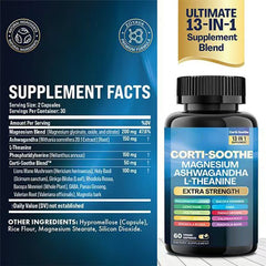 13-in-1 Corti-Soothe Magnesium Blend Capsule — Magnesium Blend (Glycinate, Oxide, & Citrate), Ashwagandha, L-Theanine, Lion's Mane Mushroom, Holy Basil, Ginkgo Biloba, Rhodiola Rosea, Bacopa Monnieri, GABA, Panax Ginseng, Valerian Root, and Magnolia Bark