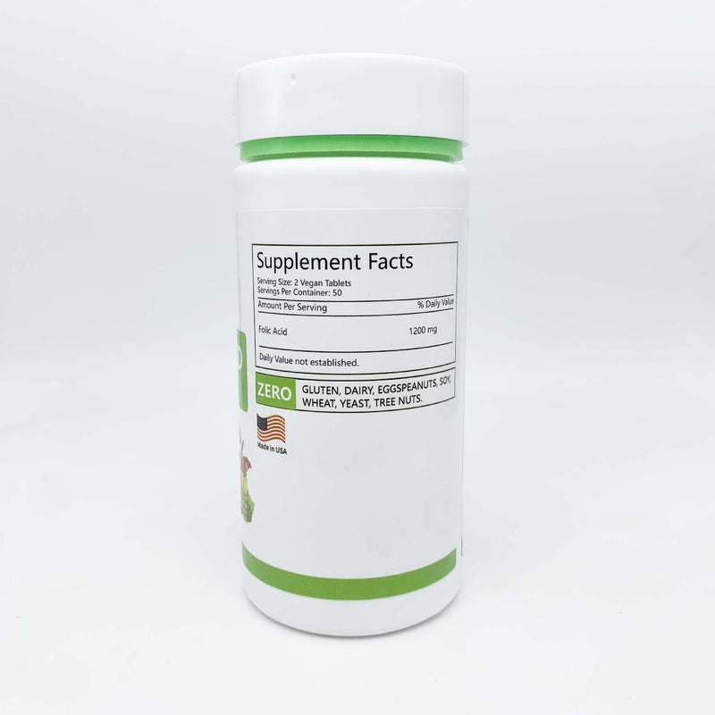 Folic Acid Tablet (100 tablets, 1200mg) | Dietary Supplement for Prenatal, Thyroid Function, Fertility, Energy, and Cell Growth