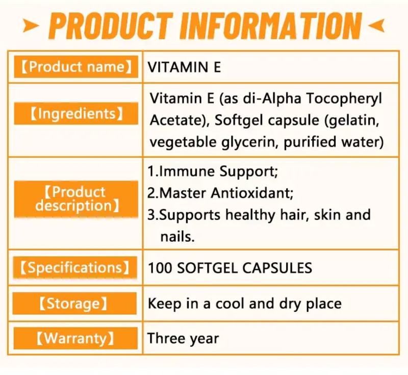 Vitamin E Capsule (100 softgels, 180mg) | Dietary Supplement for Skin, Immunity, Eye, Heart, and Antioxidant Protection