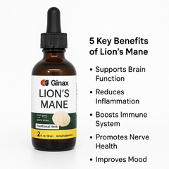 GINAX Lion’s Mane Mushroom Drops (59ml, 4000mg) | Nootropic Supplement for Brain, Mood, Gut, and Immunity