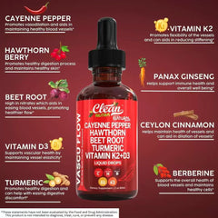 CLEAN NUTRA Cayenne Pepper Drops with Hawthorn, Vitamin D3+K2, Beet Root, Ceylon Cinnamon, and Turmeric