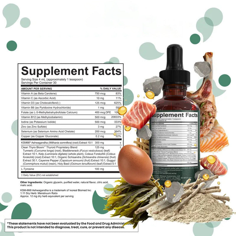 Thyroid Support Liquid Drops with Selenium, Iodine, L-Tyrosine and Ashwagandha (60ml, 15 servings)