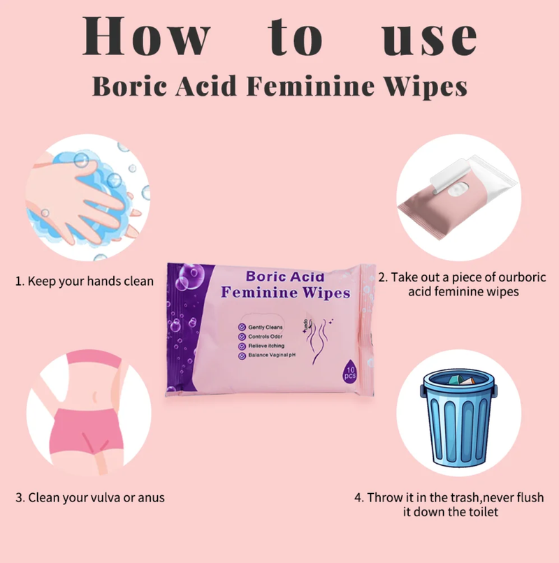 Boric Acid Feminine Wipes (10 pieces) | Yoni Wipes for Vaginal Odor, Itching, pH Balance