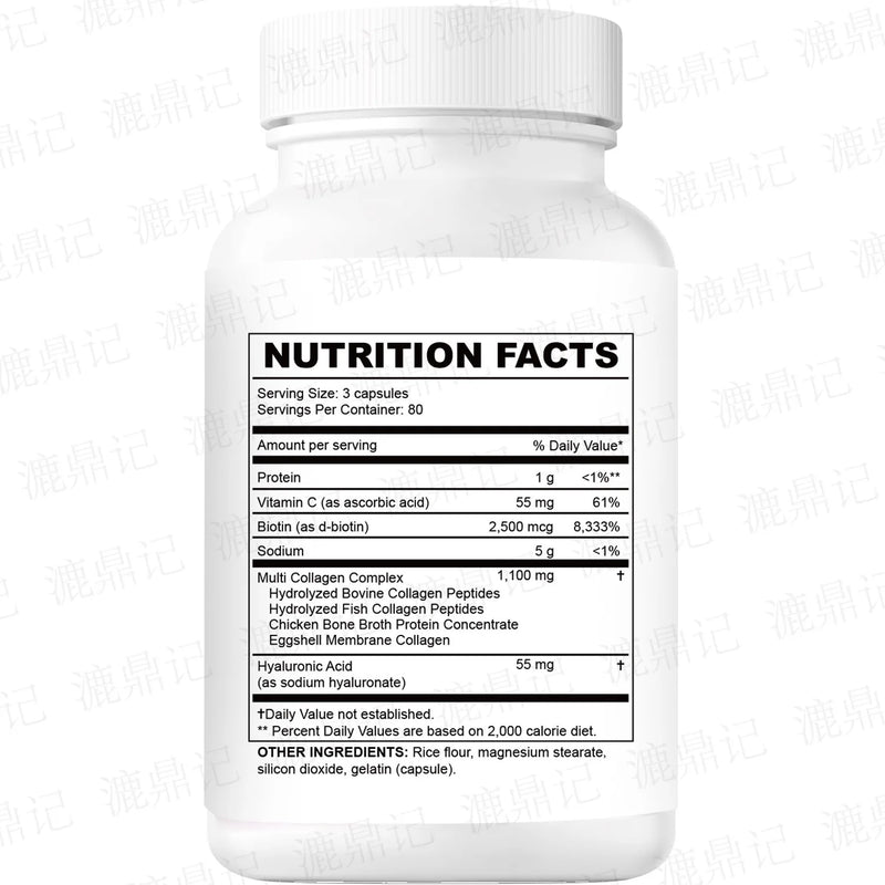 Multi-Collagen Complex Capsules for Women (Types I, II, III, V and X) with Biotin, Vitamin C and Hyaluronic Acid (240 capsules, 1100mg collagen)