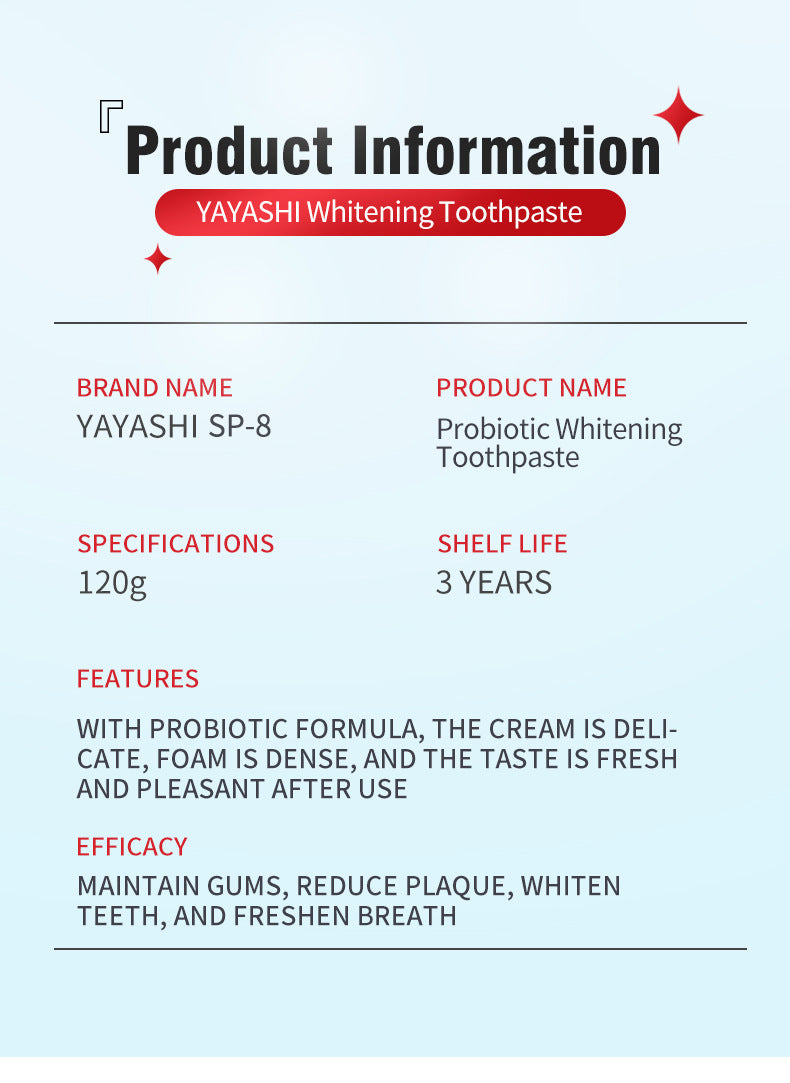 YAYASHI Super Probiotic-8 Toothpaste (120g) | SP-8 Toothpaste for Teeth Whitening, Stubborn Stains, Yellow Teeth, and Fresh Breath