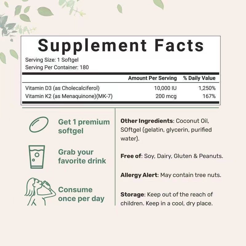 Vitamin D3 + K2 Capsules (300 softgels, 10000IU Vitamin D3, 200mcg Vitamin K2)