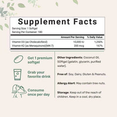 Vitamin D3 + K2 Capsules (300 softgels, 10000IU Vitamin D3, 200mcg Vitamin K2)