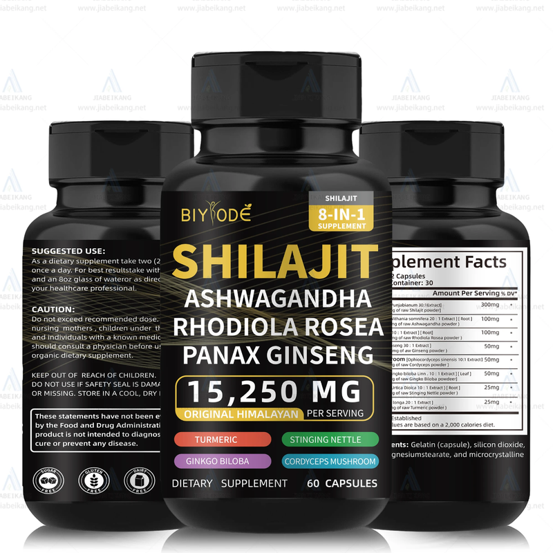 BIYODE 8-in-1 Shilajit Blend Capsules — Shilajit, Panax Ginseng, Ashwagandha, Rhodiola Rosea, Turmeric, Gingko Biloba, Stinging Nettle, and Cordyceps Mushroom (15250mg)