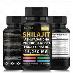 BIYODE 8-in-1 Shilajit Blend Capsules — Shilajit, Panax Ginseng, Ashwagandha, Rhodiola Rosea, Turmeric, Gingko Biloba, Stinging Nettle, and Cordyceps Mushroom (15250mg)