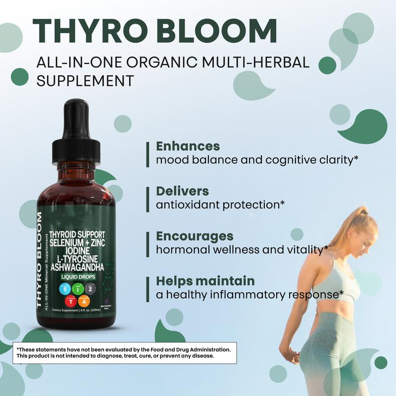 Thyroid Support Liquid Drops with Selenium, Iodine, L-Tyrosine and Ashwagandha (60ml, 15 servings)