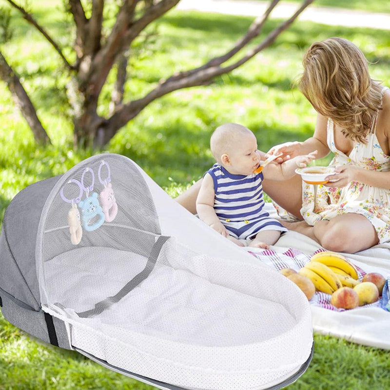 Portable and Foldable Baby Travel Bed with Mosquito Net and Toys (0-12 months, Grey) | Baby Crib and Storage Bag