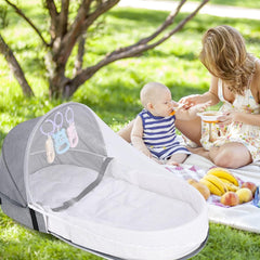 Portable and Foldable Baby Travel Bed with Mosquito Net and Toys (0-12 months, Grey) | Baby Crib and Storage Bag