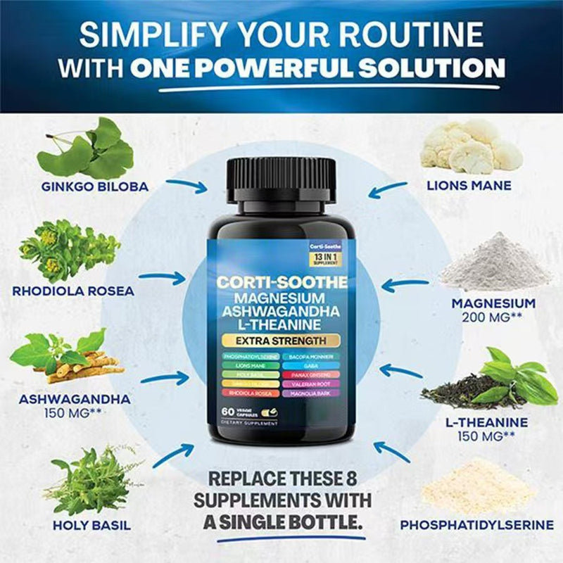 13-in-1 Corti-Soothe Magnesium Blend Capsule — Magnesium Blend (Glycinate, Oxide, & Citrate), Ashwagandha, L-Theanine, Lion's Mane Mushroom, Holy Basil, Ginkgo Biloba, Rhodiola Rosea, Bacopa Monnieri, GABA, Panax Ginseng, Valerian Root, and Magnolia Bark