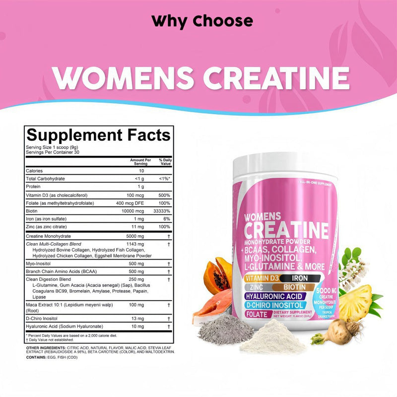 Women's Creatine Monohydrate Powder with BCAA, Collagen, Myo-Inositol, and Digestion Blend