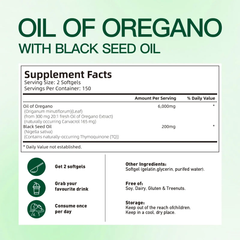 Oil of Oregano Capsules with Black Seed Oil (300 softgels, 6000mg oil of oregano, 200mg black seed oil)