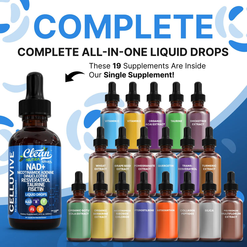 CELLUVIVE NAD+ Liquid Drops with Resveratrol, Taurine, Fisetin and Grape Seed (120ml, 30 servings) | Dietary Supplement for Healthy Aging, Cellular Energy, and Hydration Balance