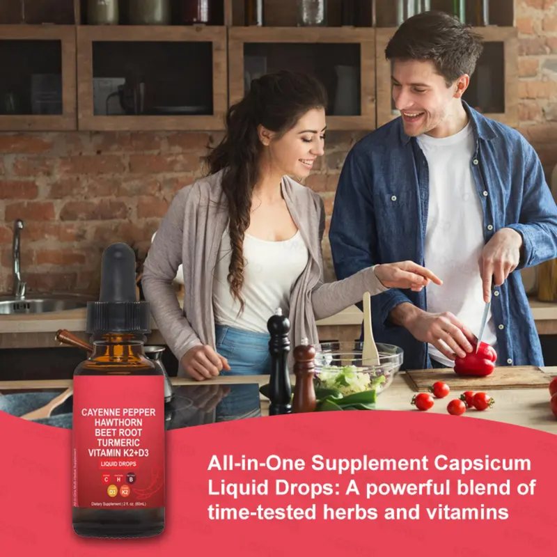 VASCU FLOW Cayenne Pepper Liquid Drops with Hawthorn, Beet Root, Turmeric, and Vitamins K2 & D3 (60ml)