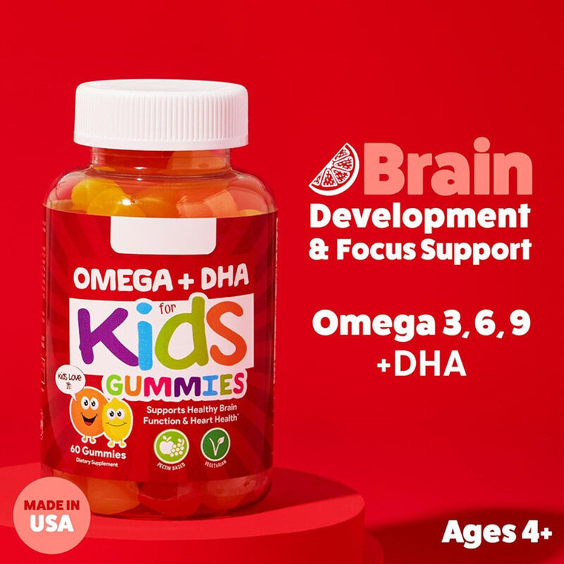 Omega + DHA Gummies for Kids with Omega-3, Omega-6, Omega-9, and Vitamin C (4+ years) | Dietary Supplement for Brain Development, Focus, and Heart Health